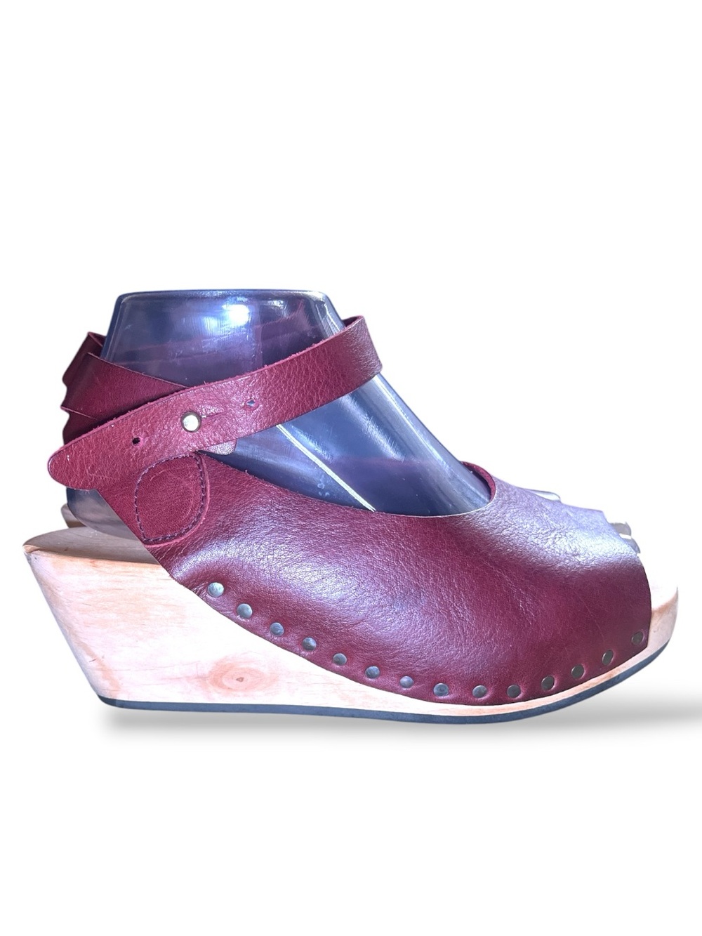 Trippen Orinoco Red Leather Wood Wedge Clog Sandals EU 38 Boho Artisan - Picture 2 of 10